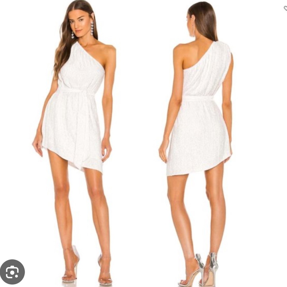 RETROFETE ELLA One Shoulder White Sequin Mini Tie Belt Waist Dress in Moonglow - Picture 3 of 4